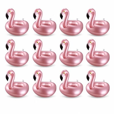Opblaasbare bekerhouder voor zwembad - flamingo drinkhouder - roségoud - set van 12