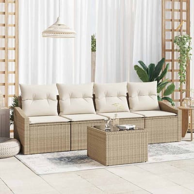 vidaXL Bankstel met kussen met opslag 5 pcs Beige en Crème poly rattan
