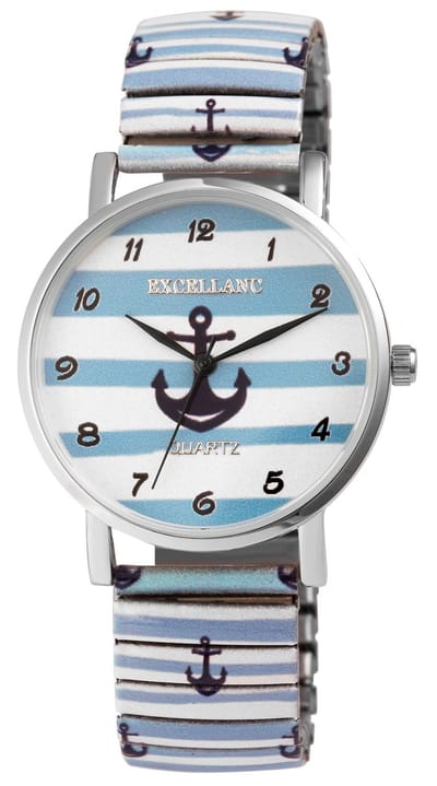 Excellanc-Dameshorloge-rekbare band wit -lichtblauw-marine-3 atm waterdicht-diameter 36 mm