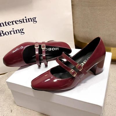 Lente Herfst Dames Dubbele Gesp Mary Janes Schoenen Lakleer Jurk Vierkante Neus Vierkante Hak Effen Kleur Damesschoenen 34 black