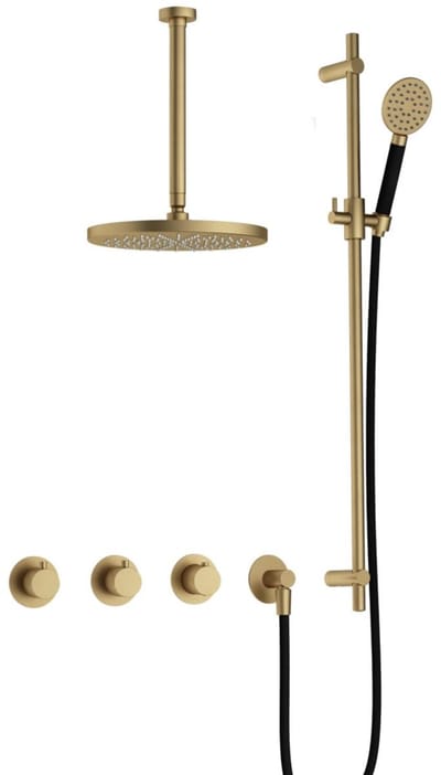 Hotbath Cobber IBS70 inbouw regendoucheset met ronde handdouche aan houder en 30cm ronde hoofddouche aan 30cm plafondarm geborsteld messing