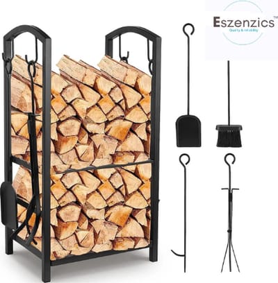 Eszenzics™ Houtopslag brandhoutrek - Incl. 4-delig gereedschap - Voor haardhout en brandhout - Zwart metaal - 2-laags opslag - 75X40X30 cm