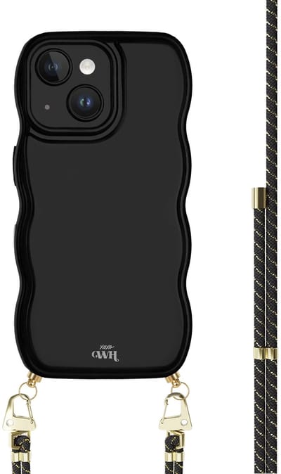 xoxo Wildhearts Glossy Wavy Cord Case Black - Gold Goddess - geschikt voor iPhone 13 - hoesje met koord - telefoonkoord met gouden details - golvend hoesje - silicone case - schokbestendig - zwart