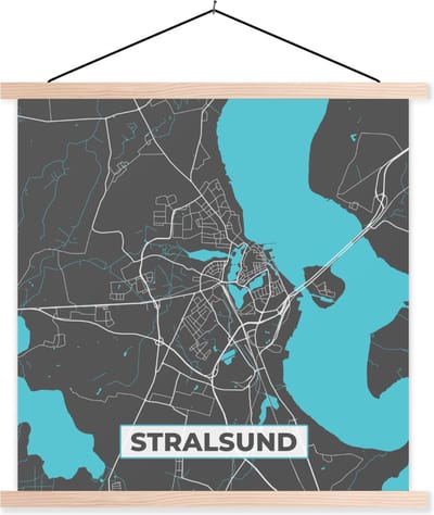 Posterhanger incl. Poster 40x40 cm - Schoolplaat - Blauw – Duitsland – Plattegrond – Gold – Stadskaart – Kaart – Stralsund - Textielposter - Blanke latten - Stadskaart
