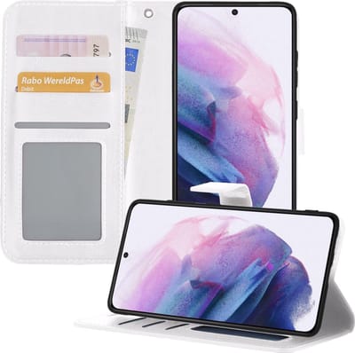 Hoesje - Met Pasjeshouder - Geschikt voor Samsung Galaxy S21 Plus - Luxe Bookcase Portemonee - Flip Case - Kunstleer Book Case - Flipcase - Book Cover - Walletcase - Portemonneehoes - Telefoonhoesjes - Wit