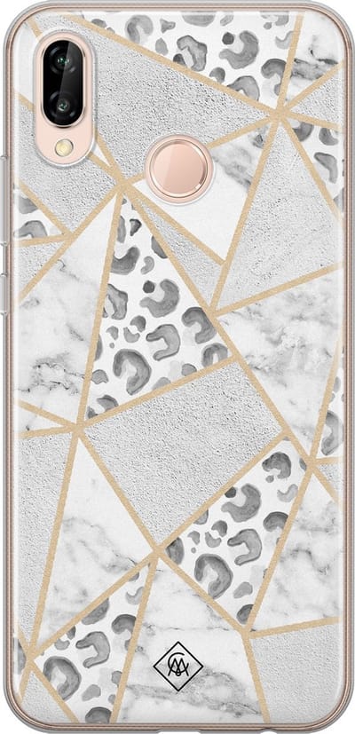 Casimoda® hoesje - Geschikt voor Huawei P20 Lite (2018) - Stone & Leopard Print - Siliconen/TPU - Soft Case - Bruin/beige - Luipaardprint