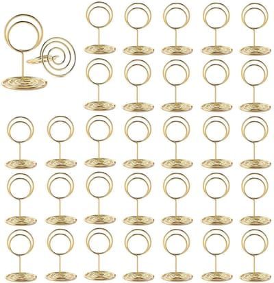 30 stuks gouden tafelkaarthouders, fotohouders, kaartstandaard, menukaarthouder, fotohouder met klemmen, memohouders, tafelkaarthouder, voor bruiloften, banketten, feesten (rond)
