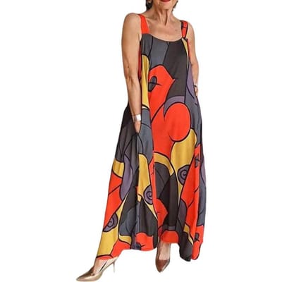 Robe d'été sans manches pour femme Coupe trapèze Imprimé coloré Poches latérales Large ourlet Longueur cheville Robe longue de vacances et de plage Haute qualité Pratique Usage quotidien M rouge