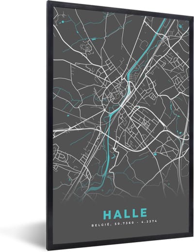 Fotolijst incl. Poster - België – Halle – Stadskaart – Kaart – Blauw – Plattegrond - 40x60 cm - Posterlijst