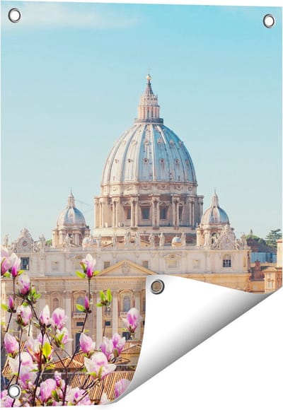 Gards Tuinposter Sint Pietersbasiliek in Rome met Bloemen - 40x50 cm - Tuindoek - Tuindecoratie - Wanddecoratie buiten - Tuinschilderij