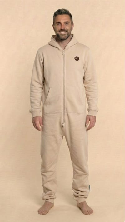 Heren Knuffle Jogging Onesie | Men’s Health: "Dit is de perfecte onesie. Stijlvol, comfortabel en geweldige kwaliteit!" | Knuffle is eigentijds Nederlands merk | Handgemaakt in Portugal | Huispak | Loungewear | Dit is de kleur Zand - maat M