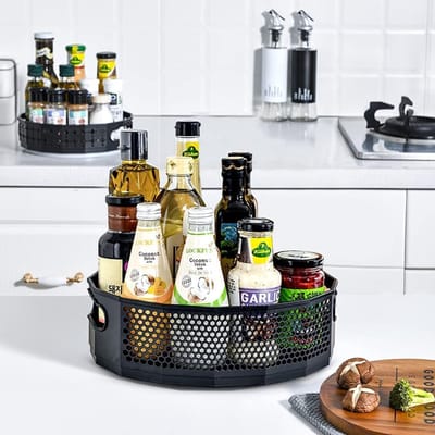 Famanu - Lazy Susan Draaiplateau, draaibare organizer, zwart, honingraat, draaibaar kruidenrek, keukenkruidenstandaard, kruidenhouder, draaibaar voor kruidenflessen, olie, ingrediënten, glazen, 2