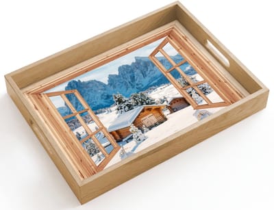Dienblad hout 40x30 cm - Schootdienblad - Doorkijk - Winterlandschap - Huisje - Bergen - Uitzicht - Borrelplank rechthoek - Plateau dienbladen