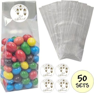 50x Uitdeelzakjes Met Sluitstickers - 50 Stickers & 50 Zakjes - Blokbodemzakjes - Cellofaanzakjes - Traktatie Zakjes - Suikerfeest - Ramadan - 50 Sets - Eid Mubarak