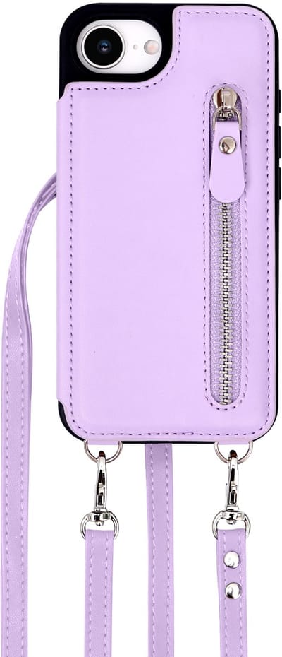 Casemania Hoesje Geschikt voor Apple iPhone 16e - Paars - Luxe Back Cover met Koord / Rits - Wallet Case met Pasjeshouder - Lanyard Telefoonhoes - Cord Case