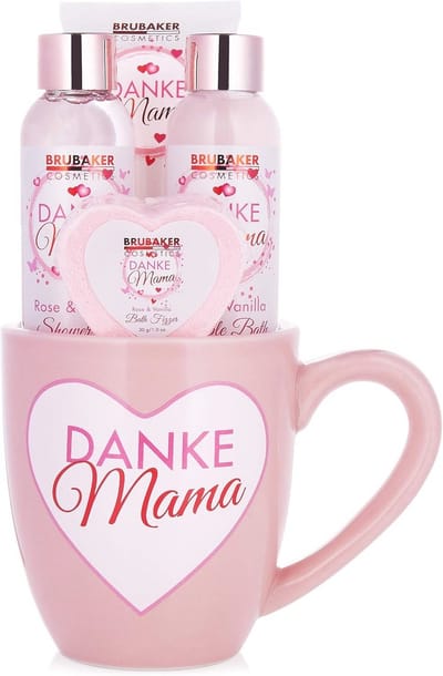 5-delige Moederdag Bad en Body Set - Rozen Vanillegeur - Luxe Cadeauset in Hartvormige Beker