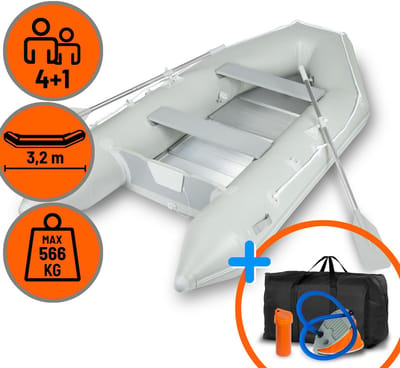 EBERTH Opblaasboot, visboot, kano van stevig PVC voor buitenboordmotoren, geschikt voor 4 personen + 1 kind, 3,20 m x 1,50 m, met 2 zitbanken, 2 peddels, aluminium bodem, reparatieset, pomp, draagtas, tot 566 kg