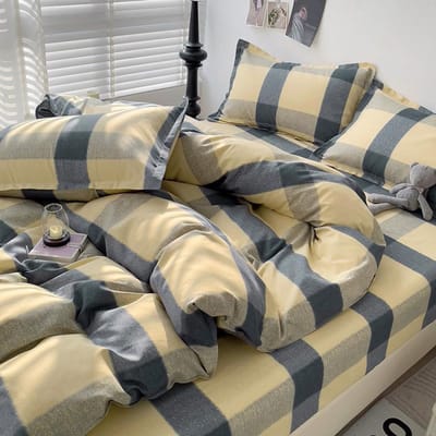 4-delige, 100% Katoenen Beddengoedset, 4-delige Lakens Dekbedovertrek Set, Eenvoudige Gestreepte Ruit Koppel Bed Dekbed Set 150x200cm gray