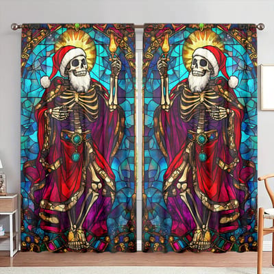 2 stuks Kerst Skelet Gekleurd Glas Raam Bedrukte Gordijn voor Huisdecoratie - Tunnel voor Stang Raambekleding voor Slaapkamer, Kantoor 52.5cmX116cm X 2pcs blue