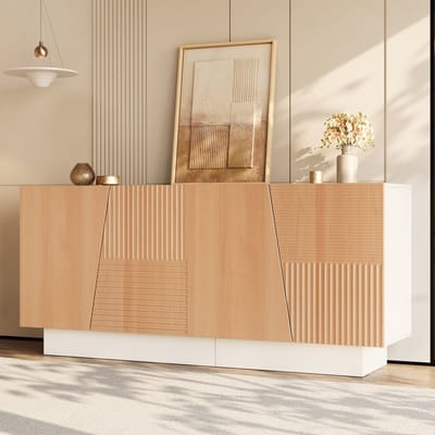 REDOM - Dressoir - Geometrische Ribbelstructuur - Klassiek Ontwerp - Woonkamer Of Hal - MDF En Spaanplaat - Wit En Naturel - 160 x 40,5 x 72 cm