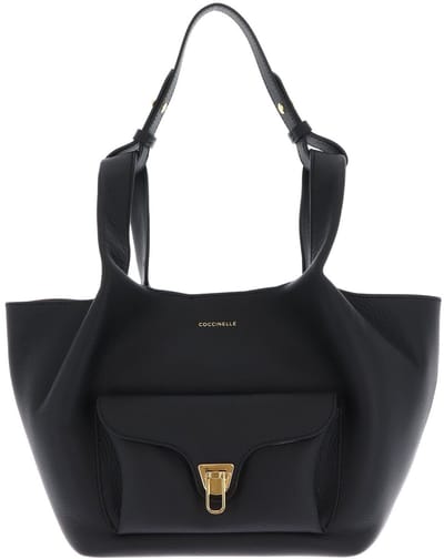 COCCINELLE Leren handtas Beat Shopping Double Grainy Leather Handbag Noir / Cognac zwart