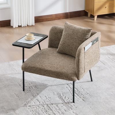 OKWISH Fauteuil 86 x 72 x 71 cm - Met Bevestigbare Bijzettafel En Zijvakken - Voor Woonkamer Of Werkkamer - Chenille - Khaki