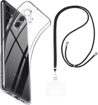 Set met hoesje en nekband voor Samsung Galaxy a54 - Flexibele, transparante TPU-bescherming, verstelbare universele nekband voor mobiele telefoons, zwarte nekband, transparante draagriem van Phonillico®