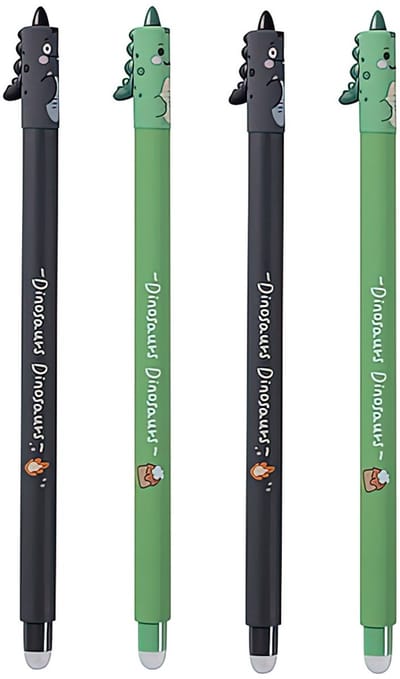 Ainy - Schattige Kawaii Dino Uitwisbare Pen set 4 stuks | Blauwe inkt | Unieke diertjes design uitgumbare pennen voor etui of pennenzak | ideale teken balpennen cadeauset voor kinderen en volwassenen