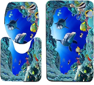 Badmat - Mat voor in de Badkamer 3-Delige Set Badkamer Tapijten - Badmatten - Wasbare Bad Tapijten - Oceaan Stijl - Toiletmatten - Onderwater Wereld - Antislip Wc Mat - 3D Dolfijn Print Bad Tapijt Set