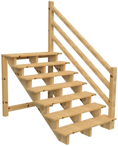 Vrijstaande buitentrap met houten trapleuning Rechts - H 7-treden 122cm B 120cm - zonder stootbord