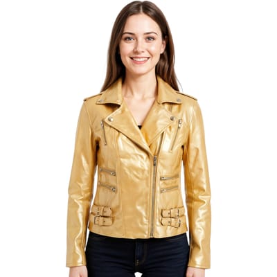 Dames leren gouden Brando bikerjack - Constantia