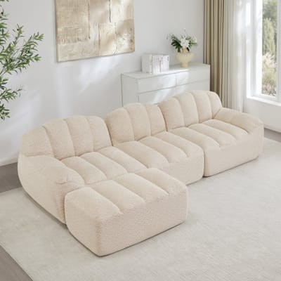 3-zits L-vormige modulaire sofa zonder frame – schelpvormig – diepe zitting – inclusief 1 voetenbankje, woonkamersofa – kant-en-klaar – beige