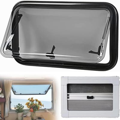 Camper Uitschuifraam - Caravan Ventilatieraam - Verbeteren Ventilatie - Met Hor en Gordijn - 350mm x 280mm - Zwart