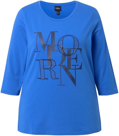 Ulla Popken - Dames - Shirt Modern klassiek ronde hals 3/4-mouwen - Pauwenblauw - Maat 42+
