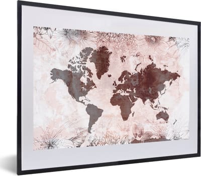 Poster in lijst - Fotolijst 60x40 cm - Posters - Wereldkaart - Vintage - Rood - Posterlijst zwart - Decoratie - Wanddecoratie woonkamer - Muurdecoratie slaapkamer