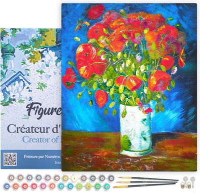 Figured'Art Schilderen op Nummer Volwassenen met lijst - Witte Vaas met Klaprozen - Van Gogh - Handwerk acrylverf Kit DIY Compleet - 40x50cm Canvas al ingelijst