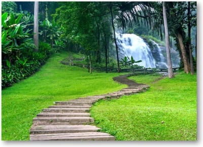 Houten Pad naar de Waterval in de Natuur, Thailand - 70x50 Canvas Liggend - Landschap - Natuur