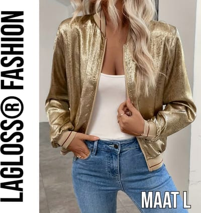 LaGloss® Gouden Metallic Bomberjack Dames rode strepen – Trendy Baseball Jas met Ritssluiting – Maat L