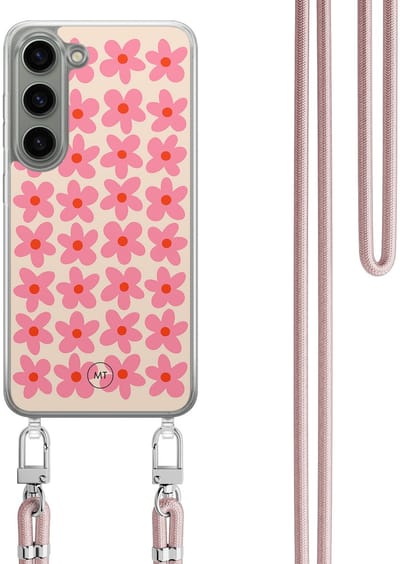 Hoesje met koord geschikt voor Samsung Galaxy S23 - Retro blooms - Inclusief Rosegoud koord - Crossbody beschermhoes - Transparant, Roze - Mooie Telefoonhoesjes