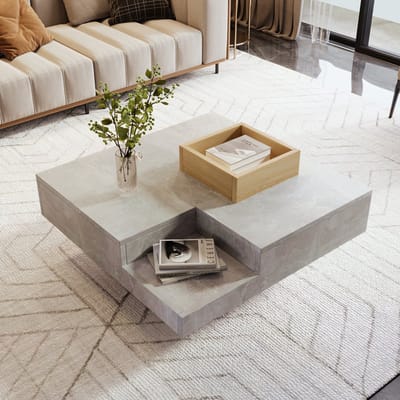 Sweiko Salontafel, Woonkamer tafel,72x72x30cm, Bijzettafel met afneembare opbergdoos, Betongrijs en Houten kleur