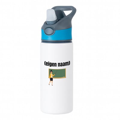 Hacebo® - docent met krijtbord met eigen naam waterfles met rietje blauw - Docent - leraren - jufvrouw - cadeau - verjaardag - kado - water fles - 650ML