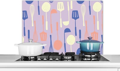 Spatscherm keuken 80x55 cm - Kookplaat achterwand Patronen - Keukengerei - Spatel - Garde - Muurbeschermer - Spatwand fornuis - Hoogwaardig aluminium