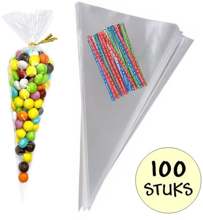 100x Cellofaan Puntzakken 30x16cm - Puntzak Doorzichtig - Traktatie Zak - Uitdeelzak - Snoepzak - Inclusief Sluitstrips Tekst - 16x30cm - 100 Stuks