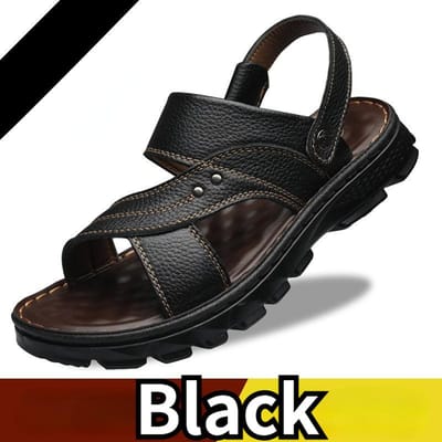 Heren Lederen Dikke Zool Strand Schoenen Antislip Rijden Casual Zomer Grote Maat Sandalen en Slippers 45 zwart