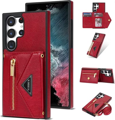 Geschikt voor Samsung Galaxy S23 Ultra Lederen crossbody portemonnee hoesje voor vrouwen met lange riem - rood