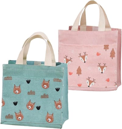Mini Herbruikbare Boeken- en Boodschappentassen voor Kinderen, Canvas Tote en Crossbody, Ideaal voor School, Reizen en Kamperen (Groen, Roze)