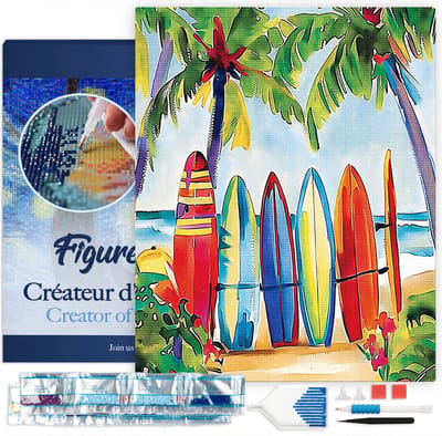 Figured'Art Diamond Painting set Volwassenen 40x50 cm met lijst Kleurrijke surfplanken - 5D DIY Art full drill vierkante diamant - Canvas al ingelijst