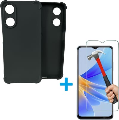 Shockproof Hoesje Geschikt voor: Oppo A17 - Anti -Shock Silicone - Zwart + 1x Screenprotector