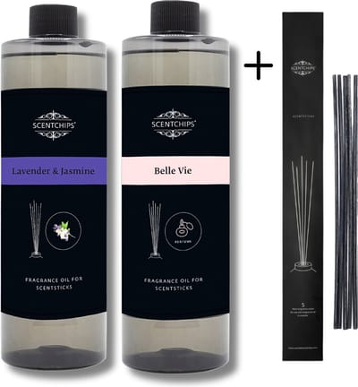 Navulling Lavendel Jasmijn + Belle Vie - Geurstokjes Navulling Set van 2 + 5 Geurstokjes - Geurverspreider - Luchtverfrisser - Huisparfum - 400ml x 2