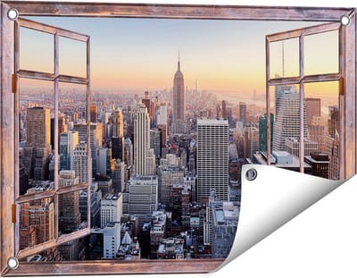 Gards Tuinposter Doorkijk New York Skyline met Wolkenkrabbers - 60x40 cm - Tuindoek - Tuindecoratie - Wanddecoratie buiten - Tuinschilderij